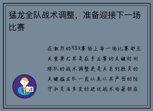 猛龙全队战术调整，准备迎接下一场比赛